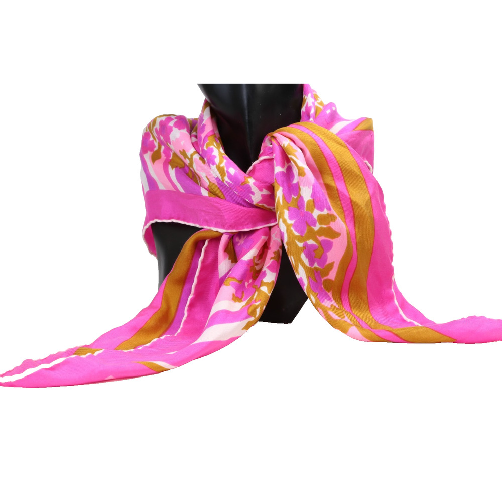 Vintage Pink Floral Silk Scarf Square Purple Fuchsia Stripe Border Hand Rolled